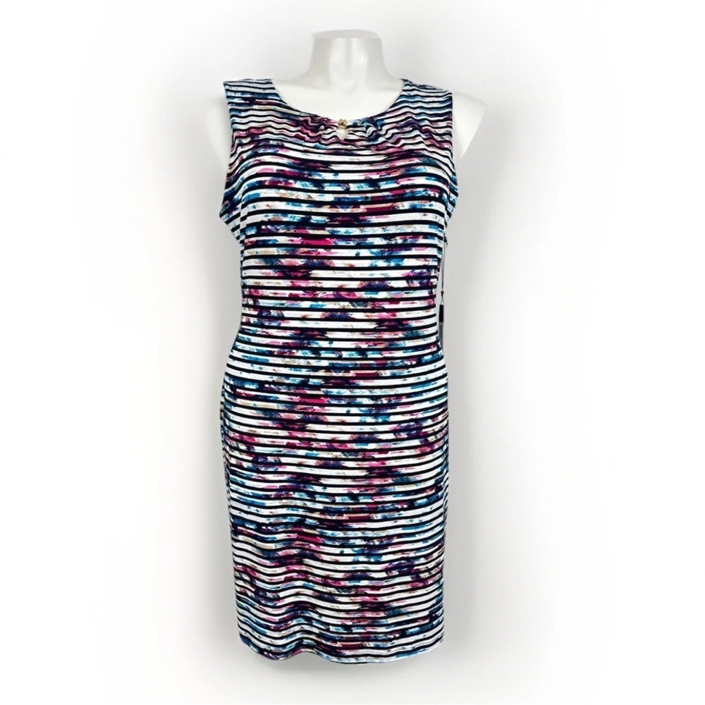NWT IVANKA TRUMP Size L Striped Multicolor Jersey Shift Dress Sleeveless Eyelet